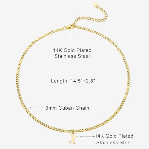 Gold Initial Necklace for Women, 3mm Cuban Link Letter Necklace, 14.5"+2.5" Adjustable Choker, Gold Plated A-Z Alphabet Pendant Necklace, Personalized Jewelry Gift for Her - style: X
