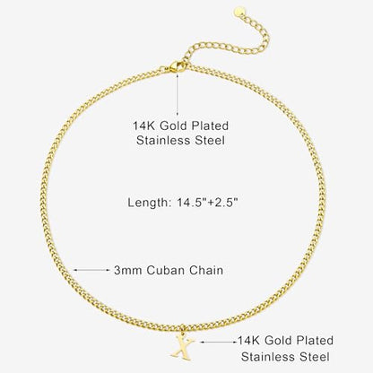 Gold Initial Necklace for Women, 3mm Cuban Link Letter Necklace, 14.5"+2.5" Adjustable Choker, Gold Plated A-Z Alphabet Pendant Necklace, Personalized Jewelry Gift for Her - style: X