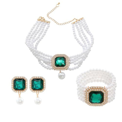 Fashion Bride Silver Black Green Bridal Layered Rhinestone Crystal 1920s Faux Pearls Necklace Earrings Bracelet Set Crystal Wedding Jewelry Set Rose Red Square Choker Necklace for Women - color: Green