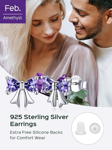 ChicSilver 925 Sterling Silver Bow/Butterfly Earrings for Women Hypoallergenic Birthstone Earrings Dainty Bow/Butterfly Jewelry Gift for Women - color: Bow-February-Amethyst