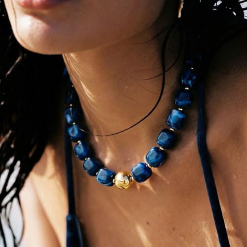 Chunky Colorful Beaded Choker Necklace for Women, Summer Beach Statement Resin Beads Necklace, Trendy Womens Summer Beach Jewelry Birthday Gifts for Vacation Holiday - color: Square Dark Blue Bead