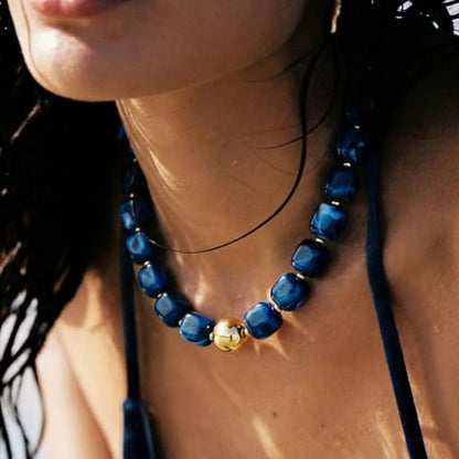 Chunky Colorful Beaded Choker Necklace for Women, Summer Beach Statement Resin Beads Necklace, Trendy Womens Summer Beach Jewelry Birthday Gifts for Vacation Holiday - color: Square Dark Blue Bead