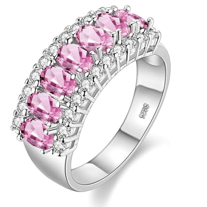Uloveido Beautiful Women's 7 Stones Wedding Band Oval Cubic Zirconia Engagement Anniversary Rings J501 - color: Platinum-Pink