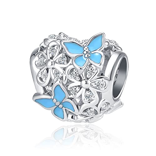 Butterfly Flower Garden Charm Magnolia Bloom Crystal Opennwork Enamel Bead for Pandora Charm Bracelet - style: Bule Butterfly Flower