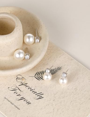 Pearl Earrings for Women 925 Sterling Silver 10MM CZ Pearl Stud | Cubic Zirconia, Dainty Simulated White Pearl Stud Drop Earring, Engagement Wedding Bridal, Hypoallergenic - size: 10MM