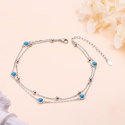 Flyow Anklet for Women S925 Sterling Silver Adjustable Foot Beaded Heart Charm Ankle Bracelet Anklets Jewelry - style: turquoise