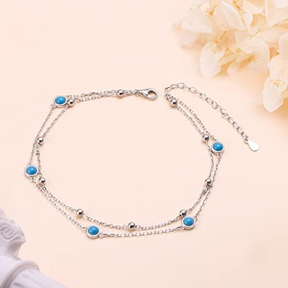 Flyow Anklet for Women S925 Sterling Silver Adjustable Foot Beaded Heart Charm Ankle Bracelet Anklets Jewelry - style: turquoise