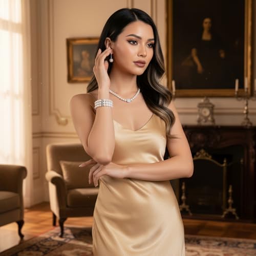 5PCS Faux Pearl Jewelry Set for Women Pearl Rhinestone Jewelry Set for Women Simulated Pearls Rhinestone Necklace Earrings Bracelet for Wedding Mother's Day Gifts Bridal Shower Tea Party Accessories