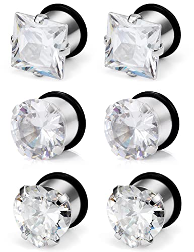 8G 6G 4G 2G 0G 1/2 inch Stainless Steel Ear Gauges - Round, Square, Heart, Cubic Zirconia - 3mm to 12mm - Silver, 3 Pairs - color: Gauge=1/2"=12mm