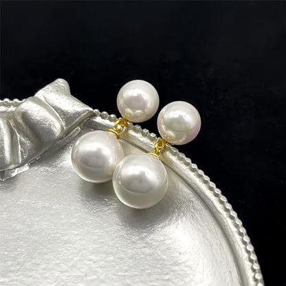 Double Pearl Drop Earrings for Women 925 Sterling Silver | 18k Gold Plated Big Large Pearl Dangle Earrings Pearl Dangling Stud Earring Bridal Wedding Jewelry Birthday Gifts for Mom - color: Gold