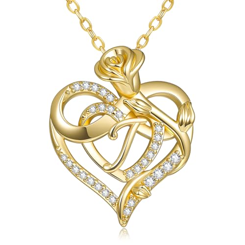 14k Gold Heart Initial Necklaces for Women, Dainty Letter Pendant Chain Necklace, Letter A to Z Initial Jewelry, Anniversary Birthday Gifts for Her Wife Mom Daughter - style: Letter J