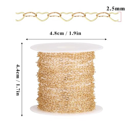 16.5FT Gold Heart Chain Roll 2.5mm Stainless Steel Chain for Jewelry Making | 18K Gold PVD Plated Heart Link Chain Spool Bulk for Necklace Bracelet Crafts - color: gold color(2.5mm)