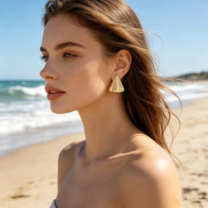 Gold Statement Earrings For Women, 14K Gold Plated Textured Geometric Drop Earrings - Hypoallergenic Stainless Steel Statement Earrings for Women, Waterproof Fan-Shaped Dangle Earrings for Beach & Daily Wear - color: Triangle DKE252101GL