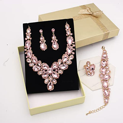 Women's Wedding Bridal Austrian Crystal Glass Teardrop Statement Necklace Dangle Earrings Bracelet Ring Wedding Party Jewelry Set for Bridal Bridesmaid - color: Light Pink-Gold Plated