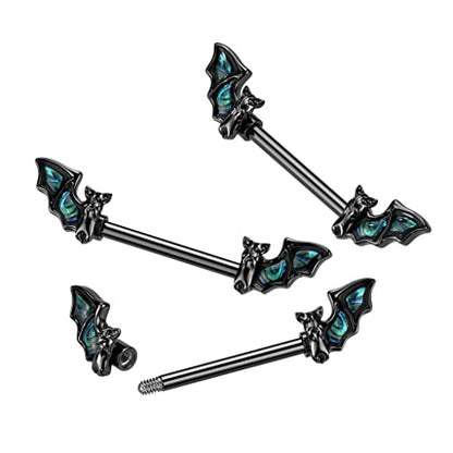 Pierced Owl 14GA Black PVD Plated 316L Stainless Steel Bat with Abalone Wings Nipple Barbells, Sold as a Pair