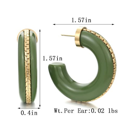 Gold Plated Resin Chunky Hoop Earrings Hypoallergenic Push Back Hoops for Sensitive Ears - color: Olive Green