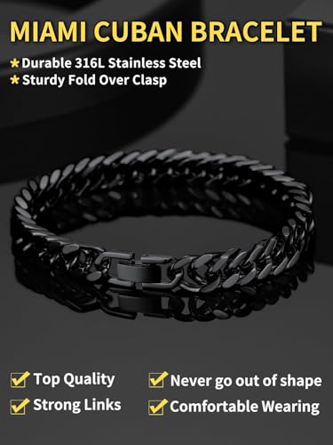 ChainsHouse Stainless Steel Cuban Link Bracelet, 6mm/8mm/12mm/17mm Width, 7.5"/8.3"/9", Black/ 18K Gold Plated Chain Wrist Bracelets for Men Women, Send Gift Box - color: G: Black-8mm width