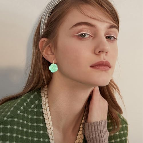 Handmade Bohemian Aesthetic Dainty Acrylic Flower Petal Leverback Earrings Sparkly 14K Gold Floral Dangle Drop Earrings for Women - color: Green