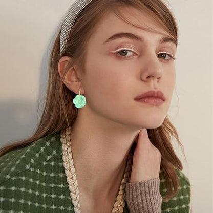 Handmade Bohemian Aesthetic Dainty Acrylic Flower Petal Leverback Earrings Sparkly 14K Gold Floral Dangle Drop Earrings for Women - color: Green