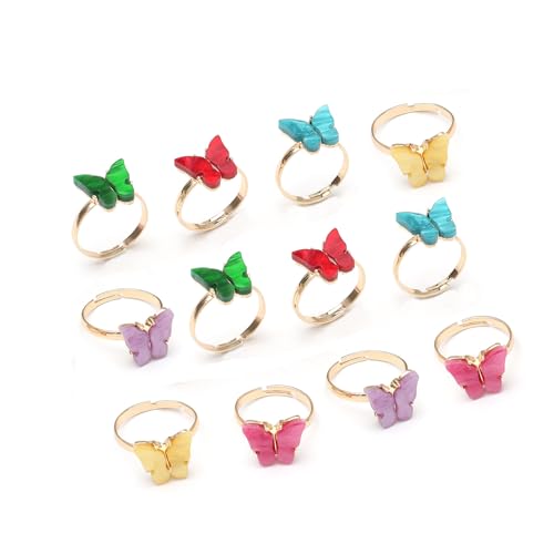 8 Pcs Gold Plated 3D Butterfly Rings Acrylic Adjustable Open Colorful Crystal Bowknot Shaped Band Rings for Women Girls Finger Jewelry - color: candy