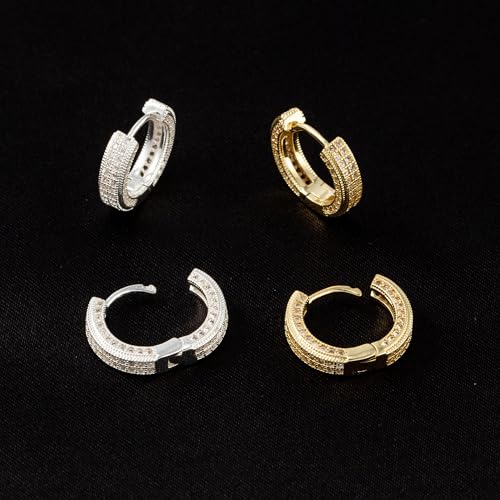Hoop Earrings for Men - 14K Gold Plated Cartilage Huggie Earrings | Cubic Zirconia, Lightweight, CZ Inlaid, Hypoallergenic for Sensitive Ears, Mens jewelry Gift for Him - style: silver 4 rows cz