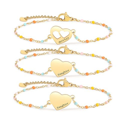 DS Mother Daughter Matching Bracelets,Adjustable Stainless Steel Gift Set | mother’s Day & Birthday Gift Box,Heart Charm,Mommy & Me Style,18K Gold Plated,Hypoallergenic,Daily Wear,Fits Women Teen Girls - color: Gold-2