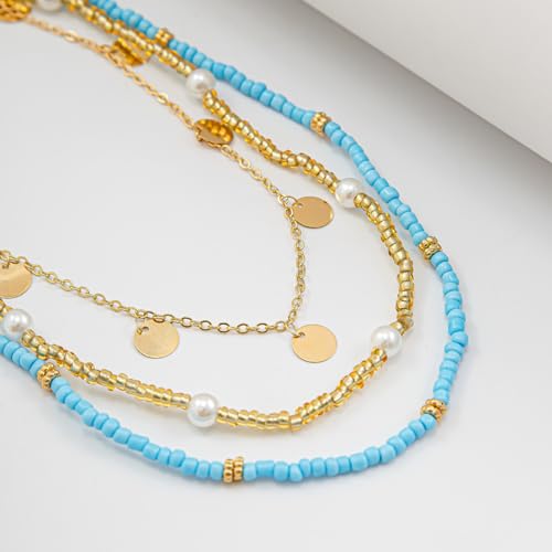 14K Gold Plated Belly Chain Layered Adjustable Waterproof Sparkling Sequin Body Chain Sparkling beads Sexy Bikini Waist Chain With Scalable Elastic Rope - Aqua Brown Golden - color: 3 Layers Aqua