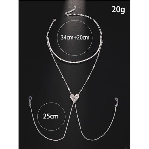 Rhinestone Necklace Sexy Non Piercing Nipple Jewelry Summer Beach Heart-ShapedChest Body Chain Crystal Nipple Body Accessories Jewelry for Women - color: Silver