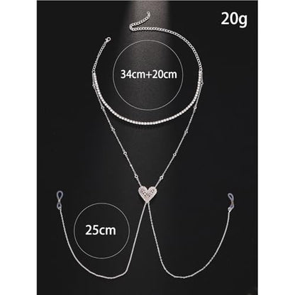 Rhinestone Necklace Sexy Non Piercing Nipple Jewelry Summer Beach Heart-ShapedChest Body Chain Crystal Nipple Body Accessories Jewelry for Women - color: Silver