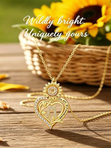 14K Gold Sunflower Initial Necklaces for Women | Heart Letter Pendant You Are My Sunshine Jewelry Gifts - style: M