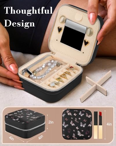 Bistup Travel Jewelry Case - Small Jewelry Organizers and Storage Box for Women Girls Teens Cute Traveling Jewelry Holder Mirror Little Tiny Compact Modern Unique Aesthetic Pretty, Black Butterfly - style: Black Butterfly