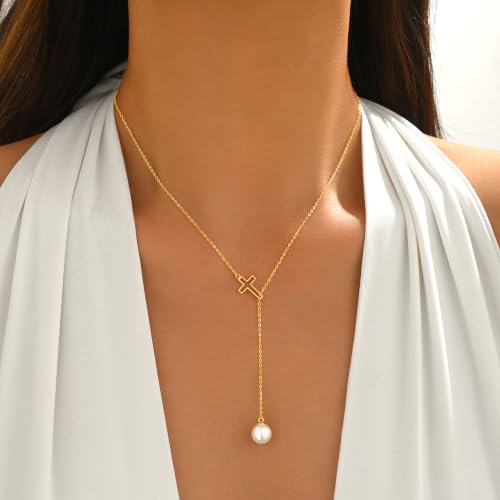 925 Sterling Silver Cross Pearl Lariat Necklace for Women | Y-Shaped Pearl Drop Necklace Adjustable Hollow Cross Pearl Necklace Faith Baptism Birthday Jewelry Gift for Mother Daughter - color: Gold