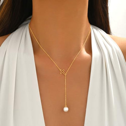 925 Sterling Silver Cross Pearl Lariat Necklace for Women | Y-Shaped Pearl Drop Necklace Adjustable Hollow Cross Pearl Necklace Faith Baptism Birthday Jewelry Gift for Mother Daughter - color: Gold