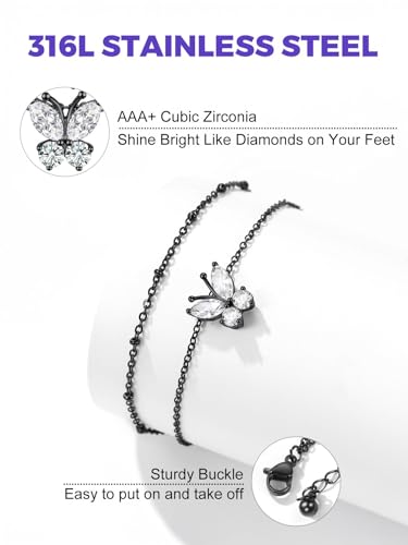 Richsteel Double Layer Heart/Butterfly Birthstone Anklet for Women | Non Tarnish Waterproof, Silver/Gold/Black Stainless Steel 8.5-10.5 Inch Adjustable Chain Anklets Summer Beach Foot Jewelry - color: Black Butterfly-04 Apr.(Diamond)