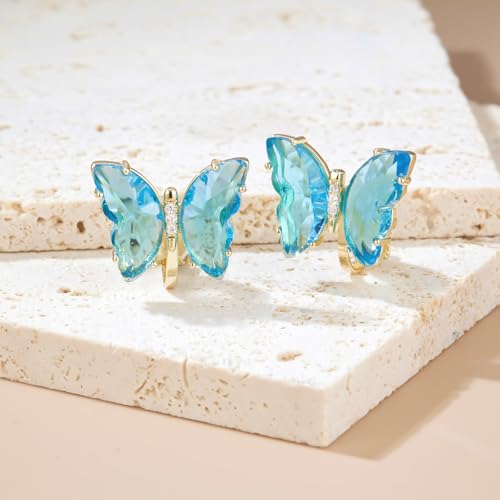 YOQUCOL Butterfly Shape Crystal Clip On Earrings Non Pierced Golden Stud for Women - color: Light Blue