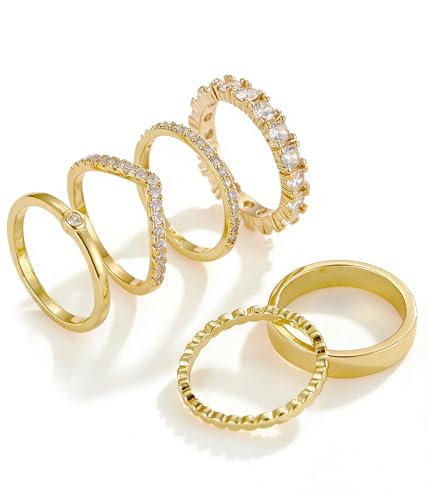 Stackable Gold Rings for Women Non Tarnish Dainty 14K Gold Plated Band Rings Cubic Zirconia Thumb Ring Trendy Statement Stacking Rings Set Promise Wedding Bands Engagement Rings Size 6-10 - color: 14K Gold Plated
