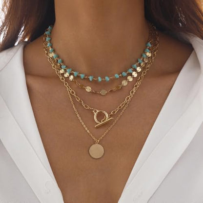 Boho Necklaces for Women Layered Turquoise Beaded Choker Necklace Western Jewelry for Women Sequin Coin Necklace Country Necklace Bohemian Boho Jewelry for Women Western Necklaces Summer Beach Necklace - style: Style C