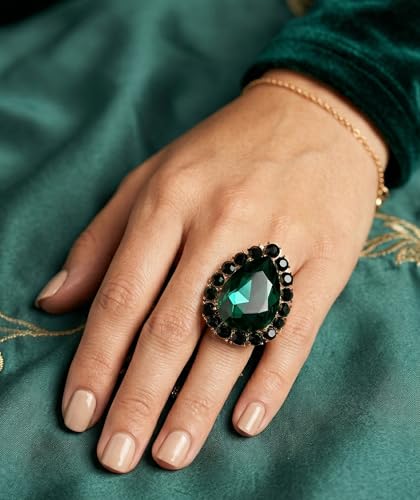 NYFASHION101 Radiant Teardrop Stone Adjustable Cocktail Statement Ring - color: Green/Gold-Tone
