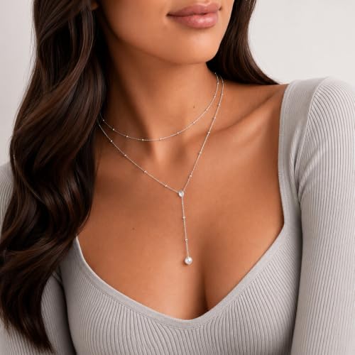 Mchic Gold Necklace for Women Dainty Long Lariat Necklace 18K Gold/Silver Plated Y-Shaped Pendant Necklaces Minimalist Layered Drop Necklaces Trendy Jewelry Gift - color: Silver4