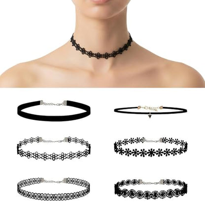 6 Pcs Black Choker Necklaces Black Velvet Choker Set Classic Gothic Tattoo Lace Chokers,Adjustable Lace Choker Necklace For Women