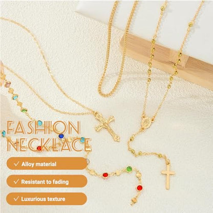 Layered Cross Necklace Set for Women, Layered Choker Necklaces Trendy Jewelry, Colorful Enamel Beaded Y-Shaped Lariat Necklace, Boho Multilayer Cross Necklace for Party and Daily Wear - color: Gold-02