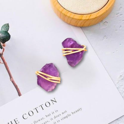 Gempires Wire Wrapped Raw Gemstone Stud Earrings for Women, Birthstone | Handmade wire-wrapped raw gemstone stud earrings — choose from stones and birthstones, artisan raw crystals on gold. - style: Amethyst