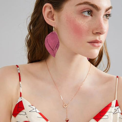 Genuine Leather Handmade Fringe Feather Lightweight Dangle Drop Earrings Teardrop Tassel Hook Earrings for Women - style: 9 Light Red