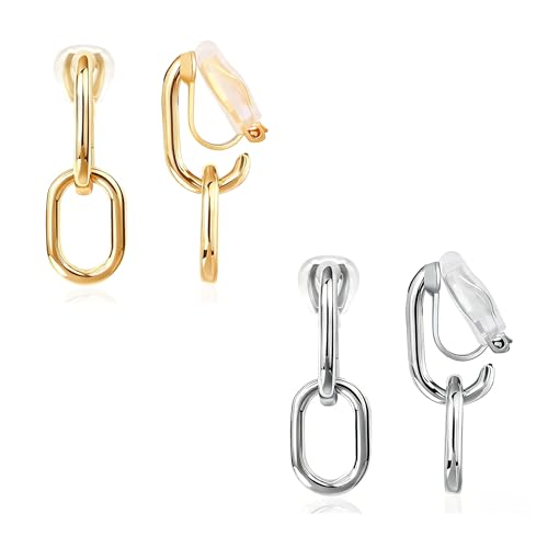 FAN&LOUIS 24K Gold Plated Clip On Earrings for Women, Gold Chain Link Drop Dangle Double Hoops Hypoallergenic Trendy Lightweight Clip-On Earrings for Non-Pierced Ears - style: Gold and Silver