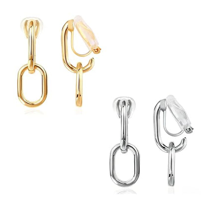 FAN&LOUIS 24K Gold Plated Clip On Earrings for Women, Gold Chain Link Drop Dangle Double Hoops Hypoallergenic Trendy Lightweight Clip-On Earrings for Non-Pierced Ears - style: Gold and Silver