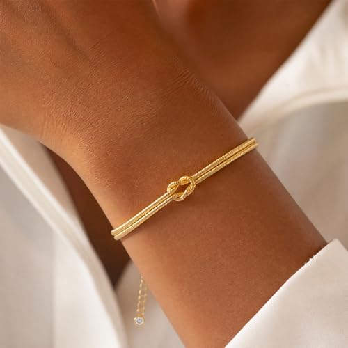 14K Gold Plated Dainty Stackable Bracelet Set, Heart Pearl Knot Beaded Chain Women Gift - color: Gold