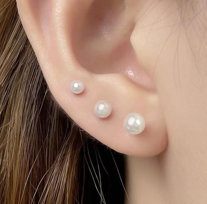 Small Pearl Stud Earrings, 5 Pairs Hypoallergenic Stainless Steel Simulated Pearl Earrings for Women, Lightweight Round Ball Studs Set 3-7MM Birthday Valentine's Day Jewelry Gifts