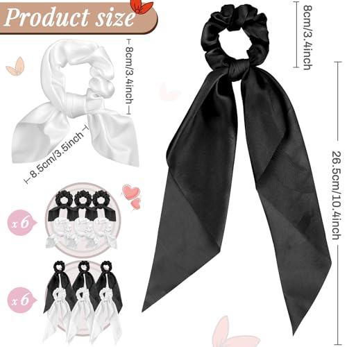 MTLEE 12 Pcs Hair Accessories for Women Hair Bows Scrunchies Scarf Ties Bunny Ears Silk Satin Scrunchies Ribbons Scarf Ties with Bows for Women Lady(Black and White) - color: Black and White