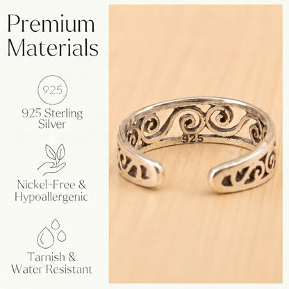 Sterling Silver Toe Ring, Adjustable Open Band, Handmade | Fits Toe, Knuckle or Pinky Ring | One Size Fits Most | Comfortable to Wear | Minimalist Style | Water Resistant - style: Spirals Band