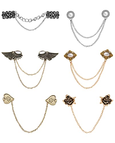 6 Pcs Antique Sweater Shawl Clip Chain Renaissance Style Rose Bowknot Brooch Flowers Wings Heart Cardigan Pin Gold sliver For Woman Men - style: A:6Pcs(Heart)